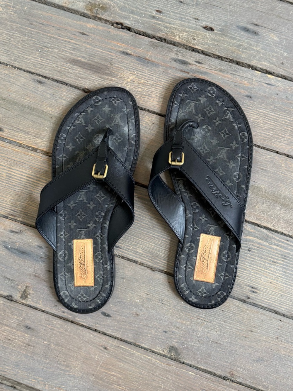 Louis Vuitton Black Monogram Leather Cross-Strap Flip Flop Sandals